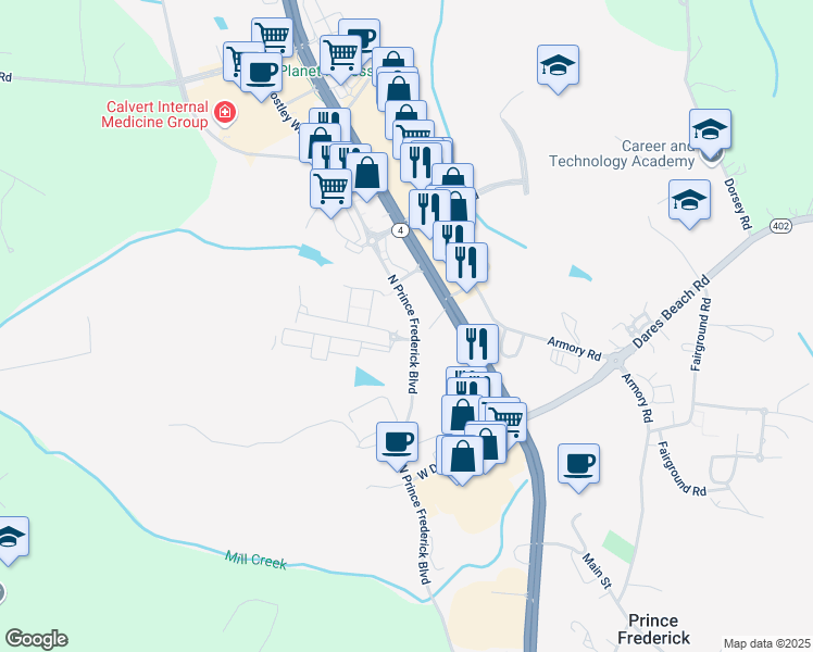 map of restaurants, bars, coffee shops, grocery stores, and more near 115 Allnutt Court in Prince Frederick