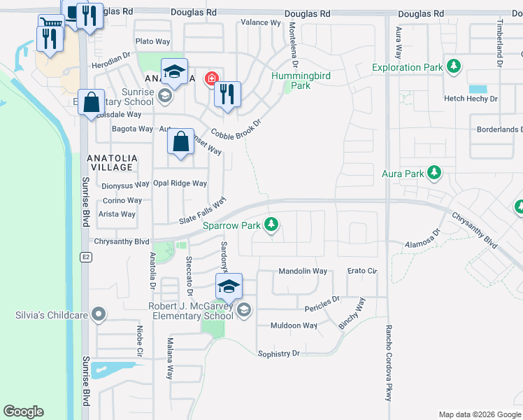 map of restaurants, bars, coffee shops, grocery stores, and more near 11906 Mircado Way in Rancho Cordova