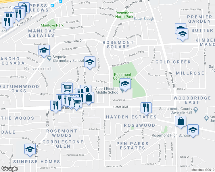 map of restaurants, bars, coffee shops, grocery stores, and more near 3601 Huntsman Drive in Sacramento