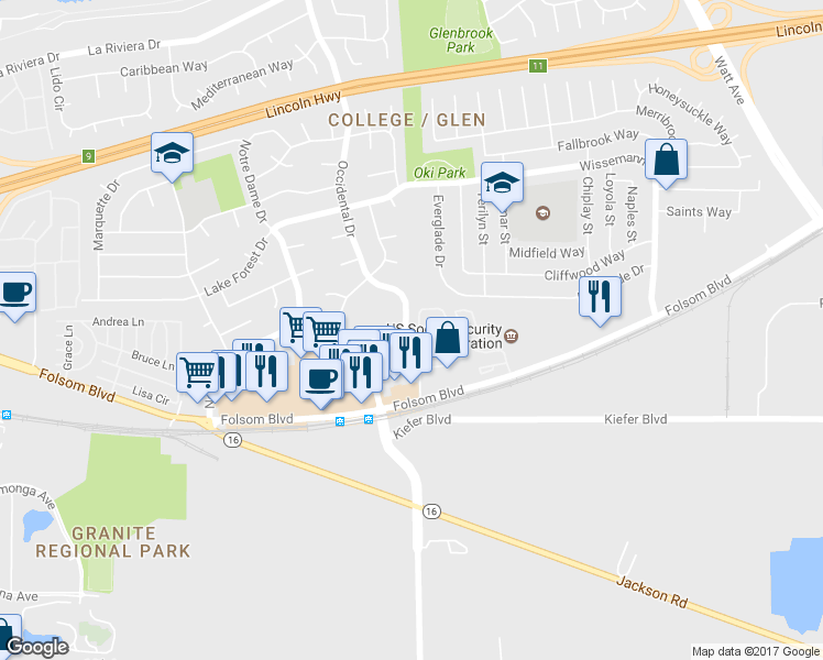 map of restaurants, bars, coffee shops, grocery stores, and more near 3141 Occidental Drive in Sacramento