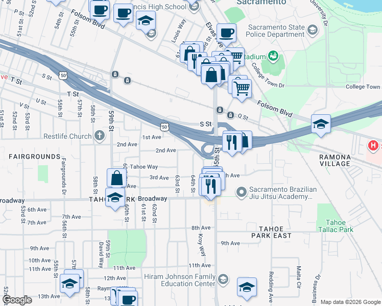 map of restaurants, bars, coffee shops, grocery stores, and more near 6408 T Street in Sacramento