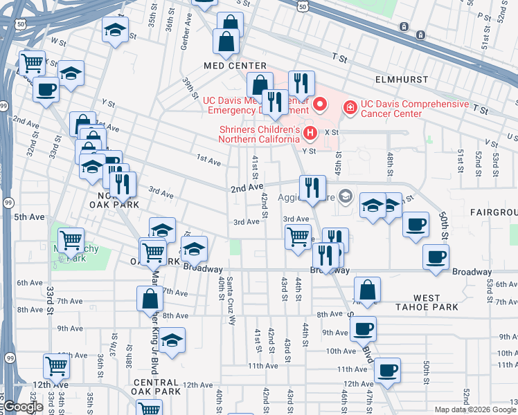 map of restaurants, bars, coffee shops, grocery stores, and more near in Sacramento