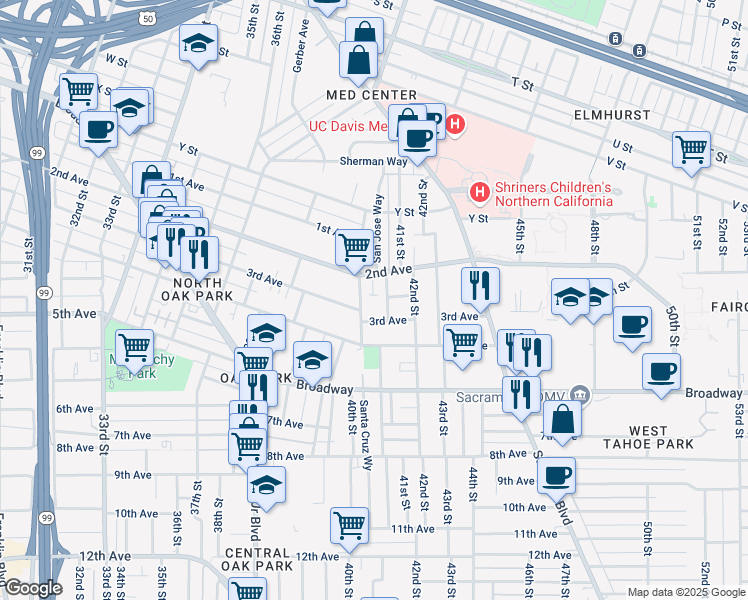map of restaurants, bars, coffee shops, grocery stores, and more near in Sacramento