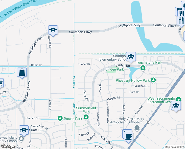 map of restaurants, bars, coffee shops, grocery stores, and more near 2862 Kimberly Court in West Sacramento