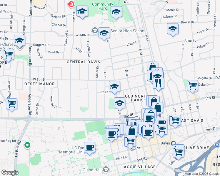 map of restaurants, bars, coffee shops, grocery stores, and more near 202 Shepherds Lane in Davis