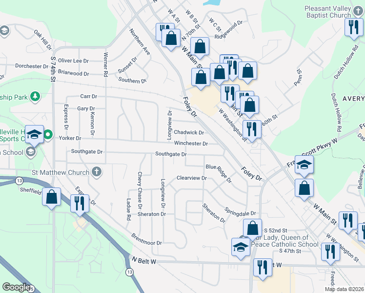 map of restaurants, bars, coffee shops, grocery stores, and more near 108 Winchester Drive in Belleville