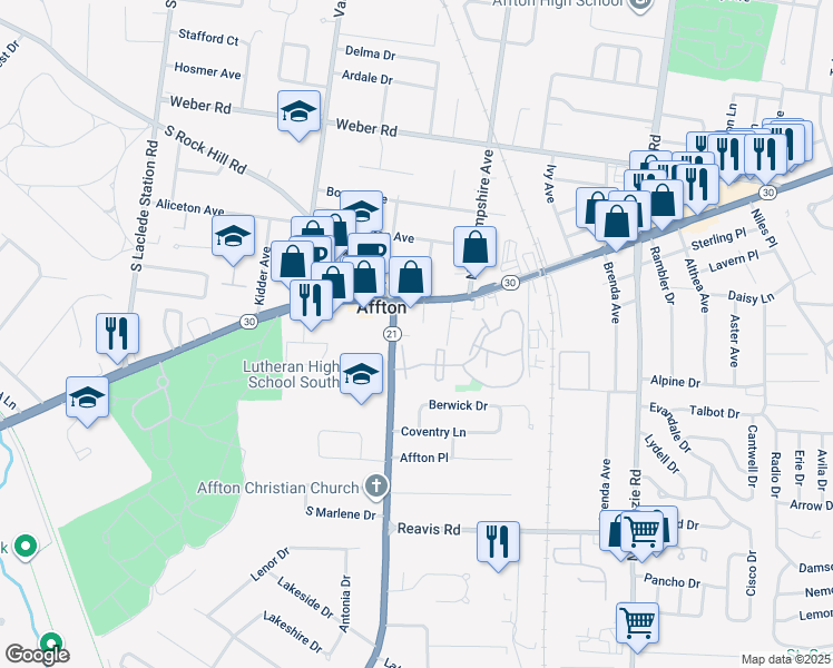 map of restaurants, bars, coffee shops, grocery stores, and more near 9012 Eden Avenue in Affton