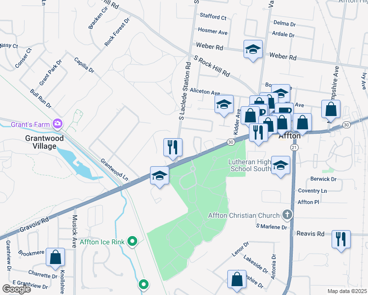 map of restaurants, bars, coffee shops, grocery stores, and more near 9016 South Laclede Station Road in Affton