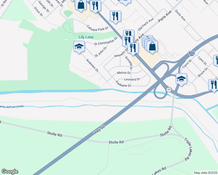 map of restaurants, bars, coffee shops, grocery stores, and more near 1706 Andrews Drive in Cahokia