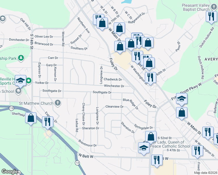 map of restaurants, bars, coffee shops, grocery stores, and more near 108 Winchester Drive in Belleville