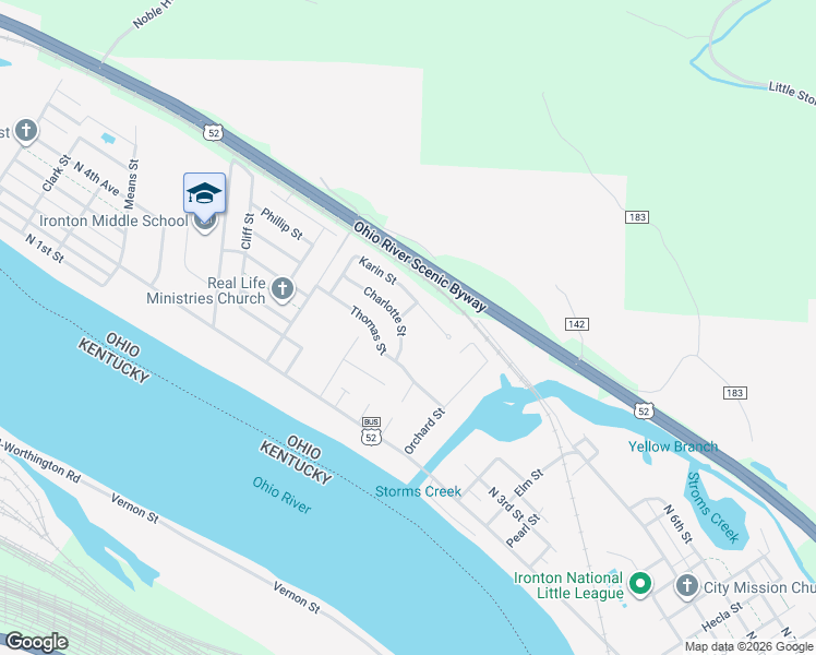map of restaurants, bars, coffee shops, grocery stores, and more near 1512 Karin Street in Ironton