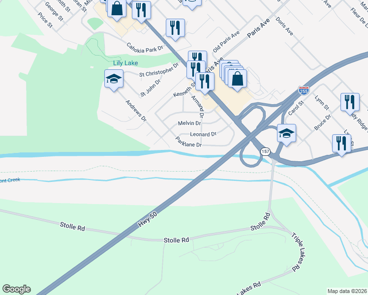 map of restaurants, bars, coffee shops, grocery stores, and more near 1716 Parklane Drive in Cahokia