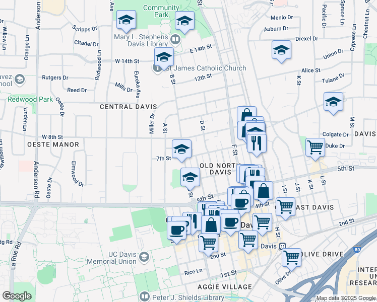 map of restaurants, bars, coffee shops, grocery stores, and more near 301 7th Street in Davis