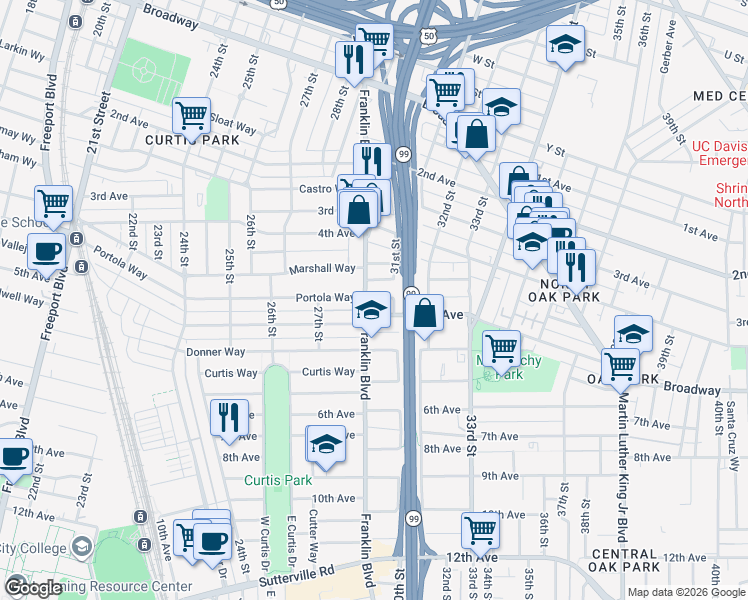 map of restaurants, bars, coffee shops, grocery stores, and more near 2787 Portola Way in Sacramento