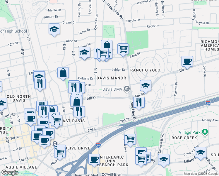 map of restaurants, bars, coffee shops, grocery stores, and more near 1806 Pomona Drive in Davis
