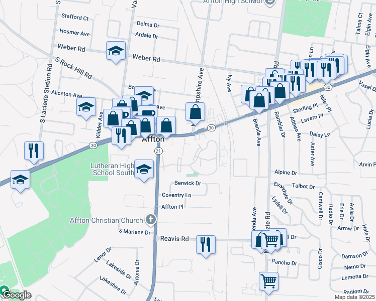 map of restaurants, bars, coffee shops, grocery stores, and more near 9024 Consul Avenue in Affton