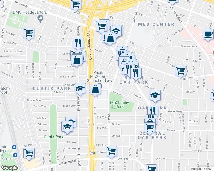 map of restaurants, bars, coffee shops, grocery stores, and more near 2964 33rd Street in Sacramento