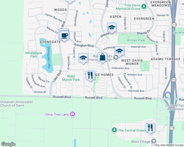 map of restaurants, bars, coffee shops, grocery stores, and more near 21 Grambling Court in Davis