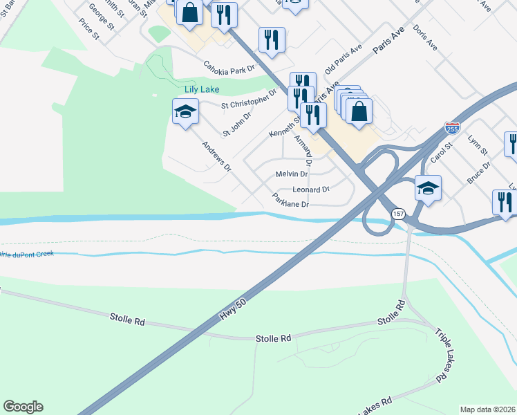 map of restaurants, bars, coffee shops, grocery stores, and more near 1706 Andrews Drive in Cahokia