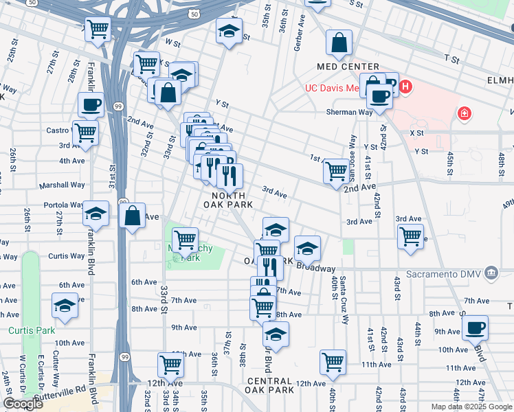 map of restaurants, bars, coffee shops, grocery stores, and more near 3735 4th Avenue in Sacramento