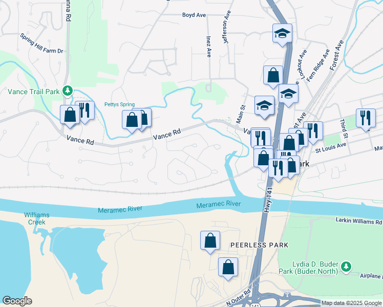map of restaurants, bars, coffee shops, grocery stores, and more near 232 Highland Village Drive in Valley Park