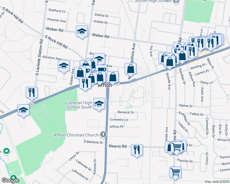 map of restaurants, bars, coffee shops, grocery stores, and more near 9012 Eden Avenue in Affton