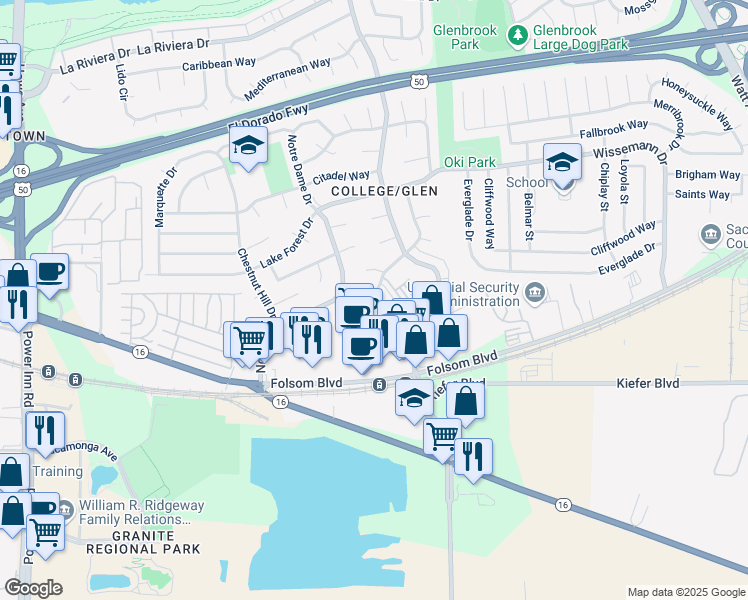 map of restaurants, bars, coffee shops, grocery stores, and more near 3099 Great Falls Way in Sacramento