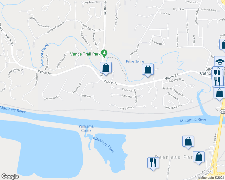 map of restaurants, bars, coffee shops, grocery stores, and more near 466 Xavier Court in Valley Park