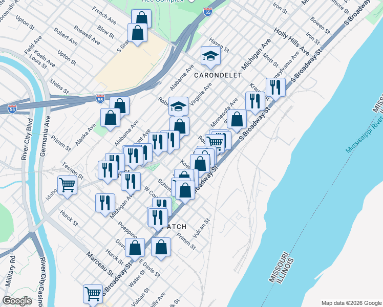 map of restaurants, bars, coffee shops, grocery stores, and more near 7400 Minnesota Avenue in St. Louis