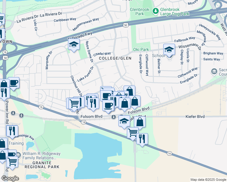 map of restaurants, bars, coffee shops, grocery stores, and more near 3099 Great Falls Way in Sacramento