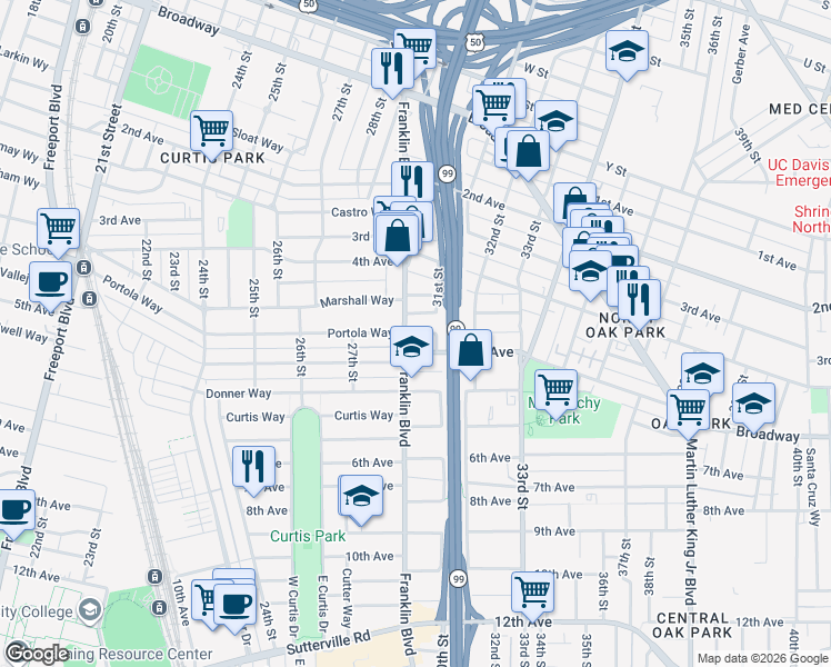 map of restaurants, bars, coffee shops, grocery stores, and more near 2787 Portola Way in Sacramento