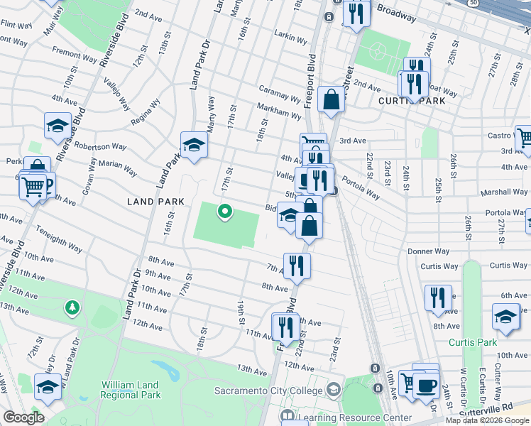 map of restaurants, bars, coffee shops, grocery stores, and more near 1854 Bidwell Way in Sacramento