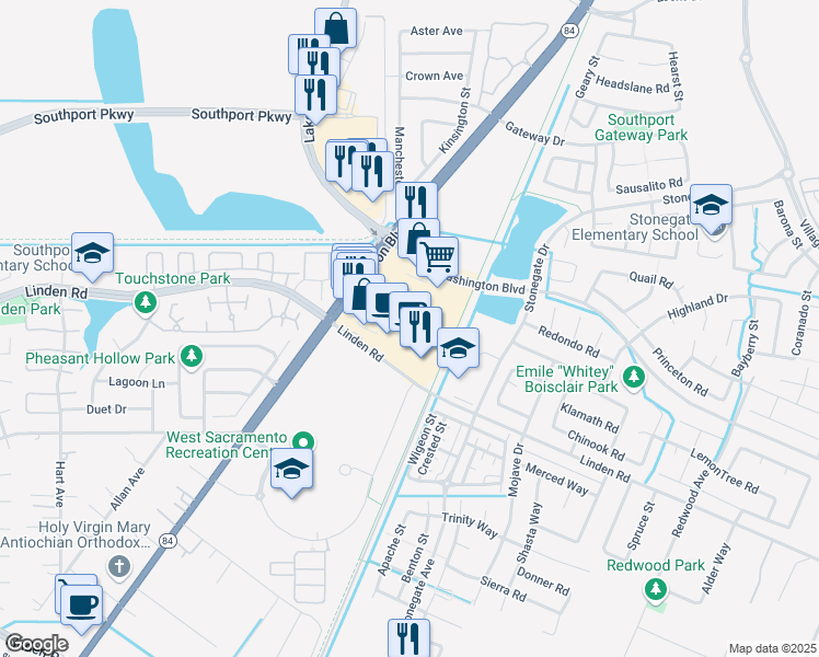 map of restaurants, bars, coffee shops, grocery stores, and more near 2005 Town Center Plaza in West Sacramento
