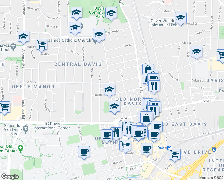 map of restaurants, bars, coffee shops, grocery stores, and more near 301 7th Street in Davis