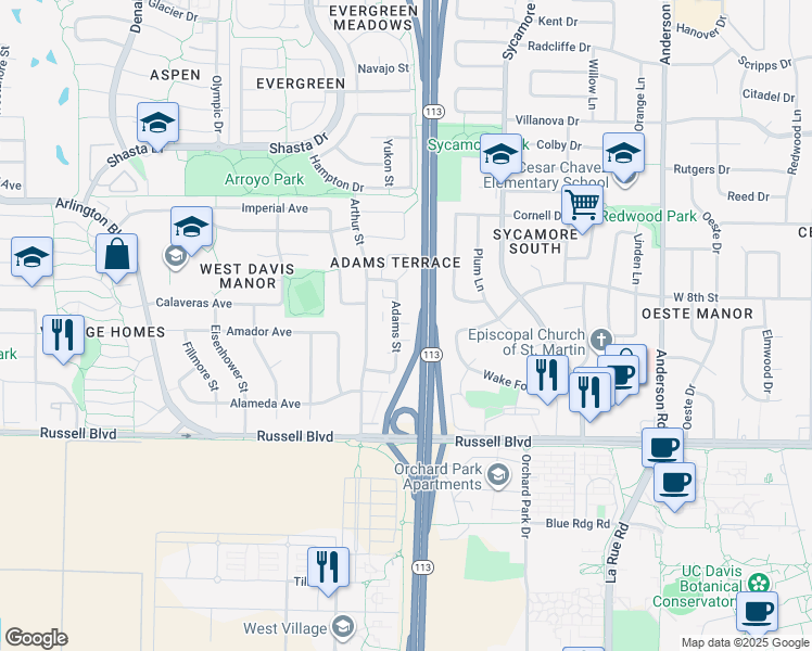 map of restaurants, bars, coffee shops, grocery stores, and more near 720 Adams Street in Davis