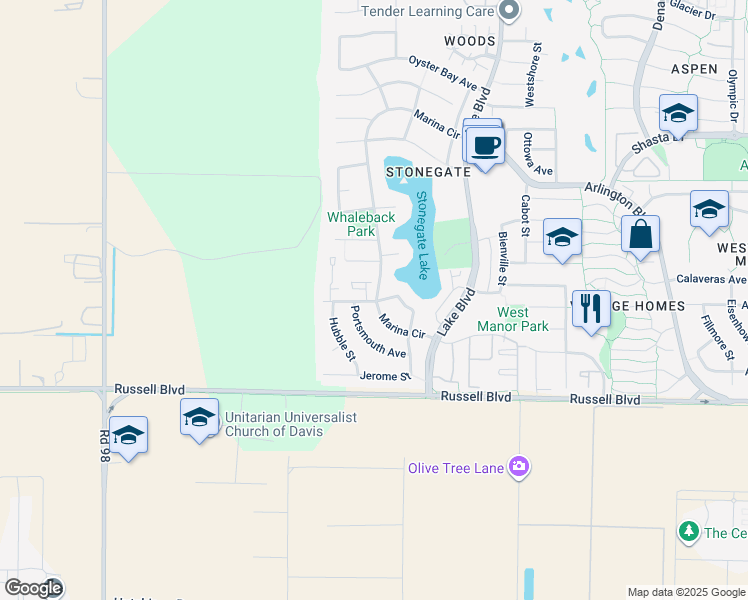 map of restaurants, bars, coffee shops, grocery stores, and more near 670 Jerome Street in Davis