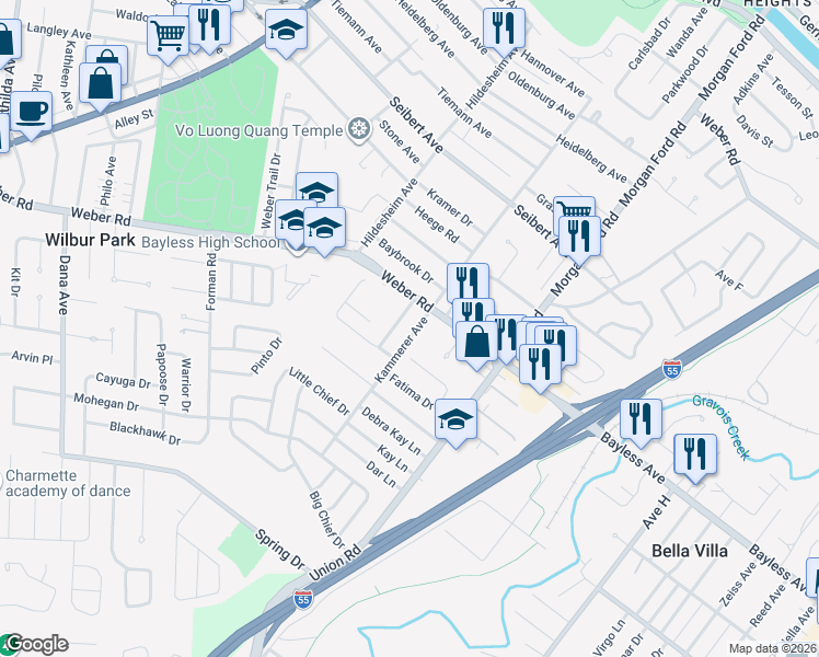 map of restaurants, bars, coffee shops, grocery stores, and more near 8729 Kammerer Avenue in St. Louis