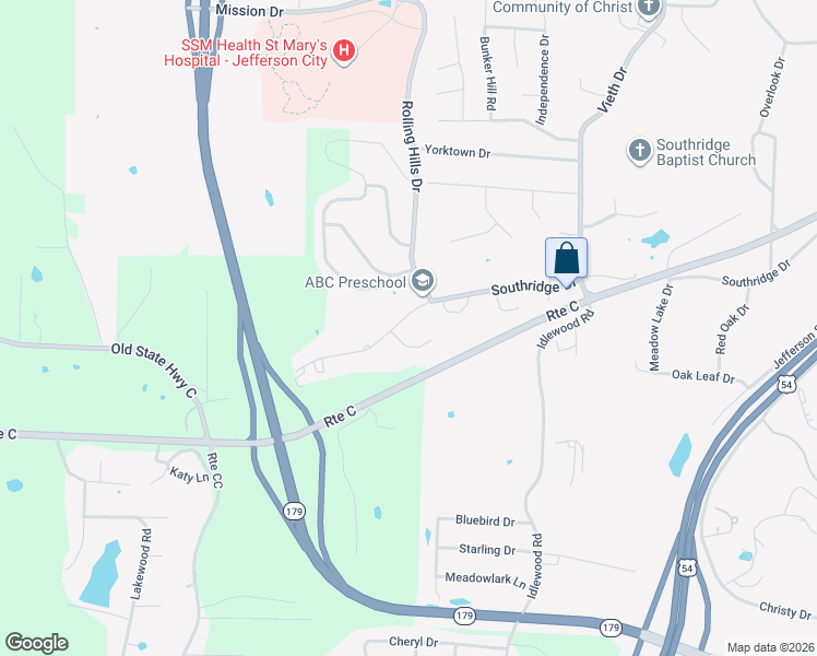 map of restaurants, bars, coffee shops, grocery stores, and more near 2516 Southridge Drive in Jefferson City