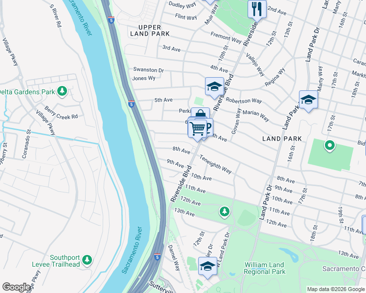 map of restaurants, bars, coffee shops, grocery stores, and more near 919 8th Avenue in Sacramento