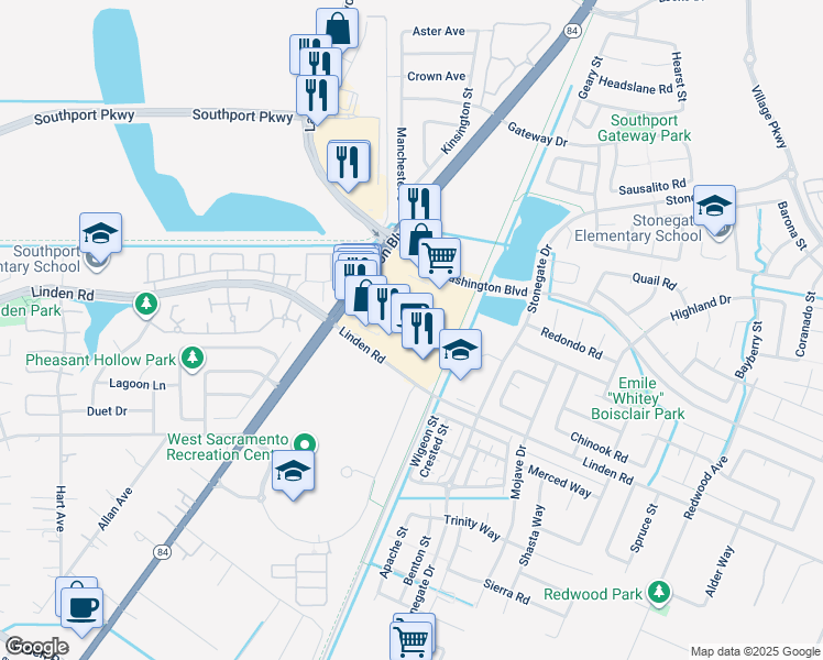 map of restaurants, bars, coffee shops, grocery stores, and more near 2005 Town Center Plaza in West Sacramento