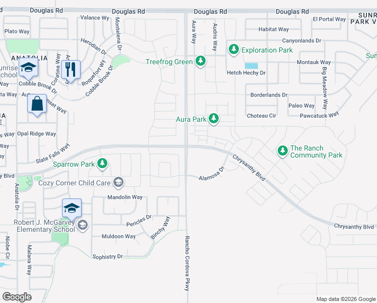 map of restaurants, bars, coffee shops, grocery stores, and more near 12057 Tiresias Way in Rancho Cordova
