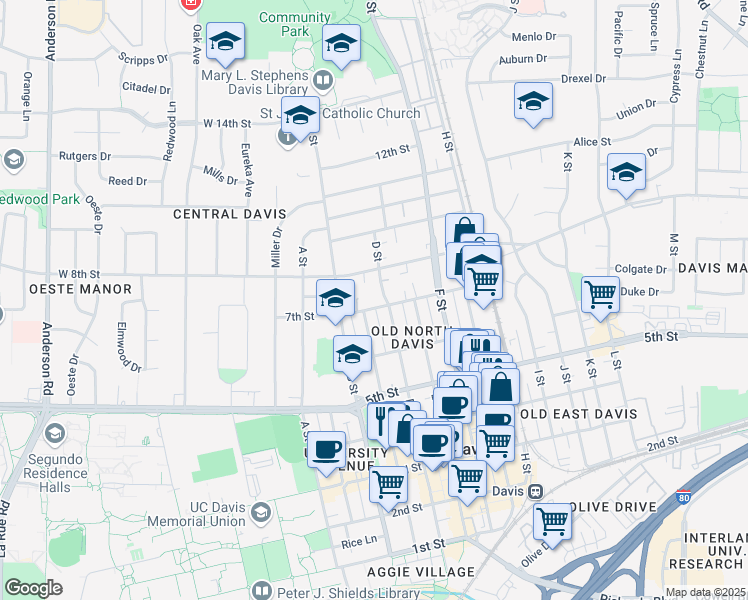 map of restaurants, bars, coffee shops, grocery stores, and more near 415 7th Street in Davis