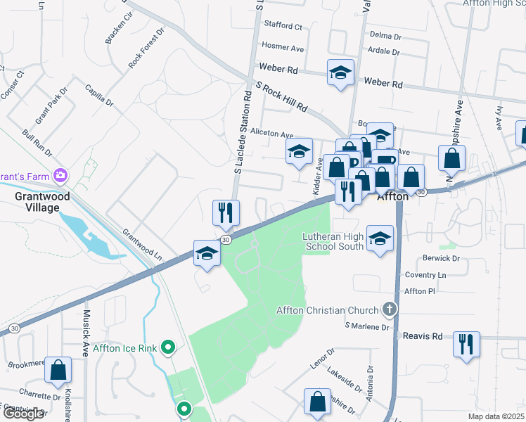 map of restaurants, bars, coffee shops, grocery stores, and more near 10161 Gravois Road in Affton