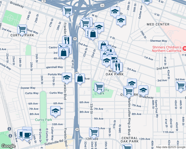 map of restaurants, bars, coffee shops, grocery stores, and more near 2964 33rd Street in Sacramento