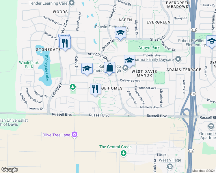map of restaurants, bars, coffee shops, grocery stores, and more near 2429 Creekhollow Lane in Davis