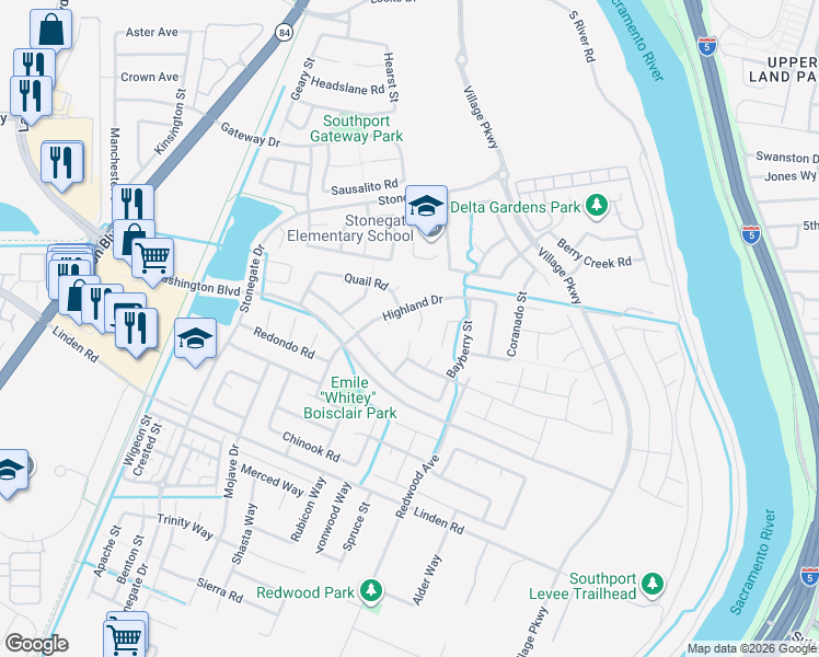 map of restaurants, bars, coffee shops, grocery stores, and more near 2632 Neptune Court in West Sacramento