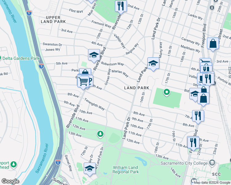 map of restaurants, bars, coffee shops, grocery stores, and more near 1345 7th Ave in Sacramento