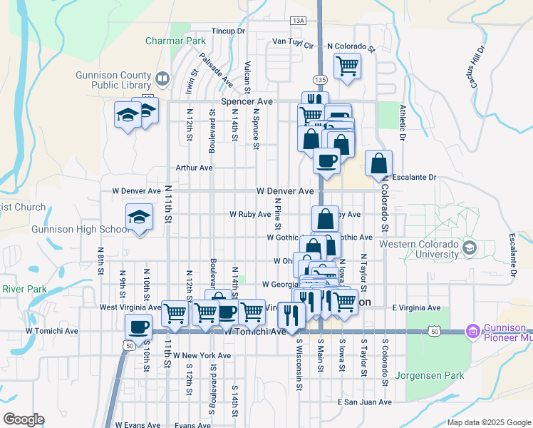 map of restaurants, bars, coffee shops, grocery stores, and more near 350 West Ruby Avenue in Gunnison
