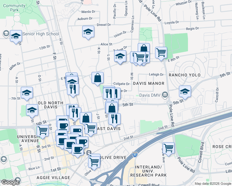 map of restaurants, bars, coffee shops, grocery stores, and more near 1316 Duke Drive in Davis
