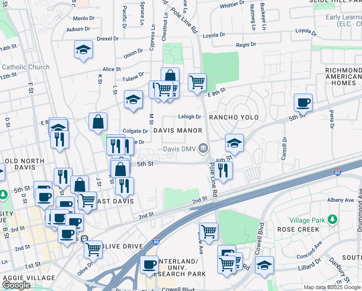 map of restaurants, bars, coffee shops, grocery stores, and more near 1826 Pomona Drive in Davis